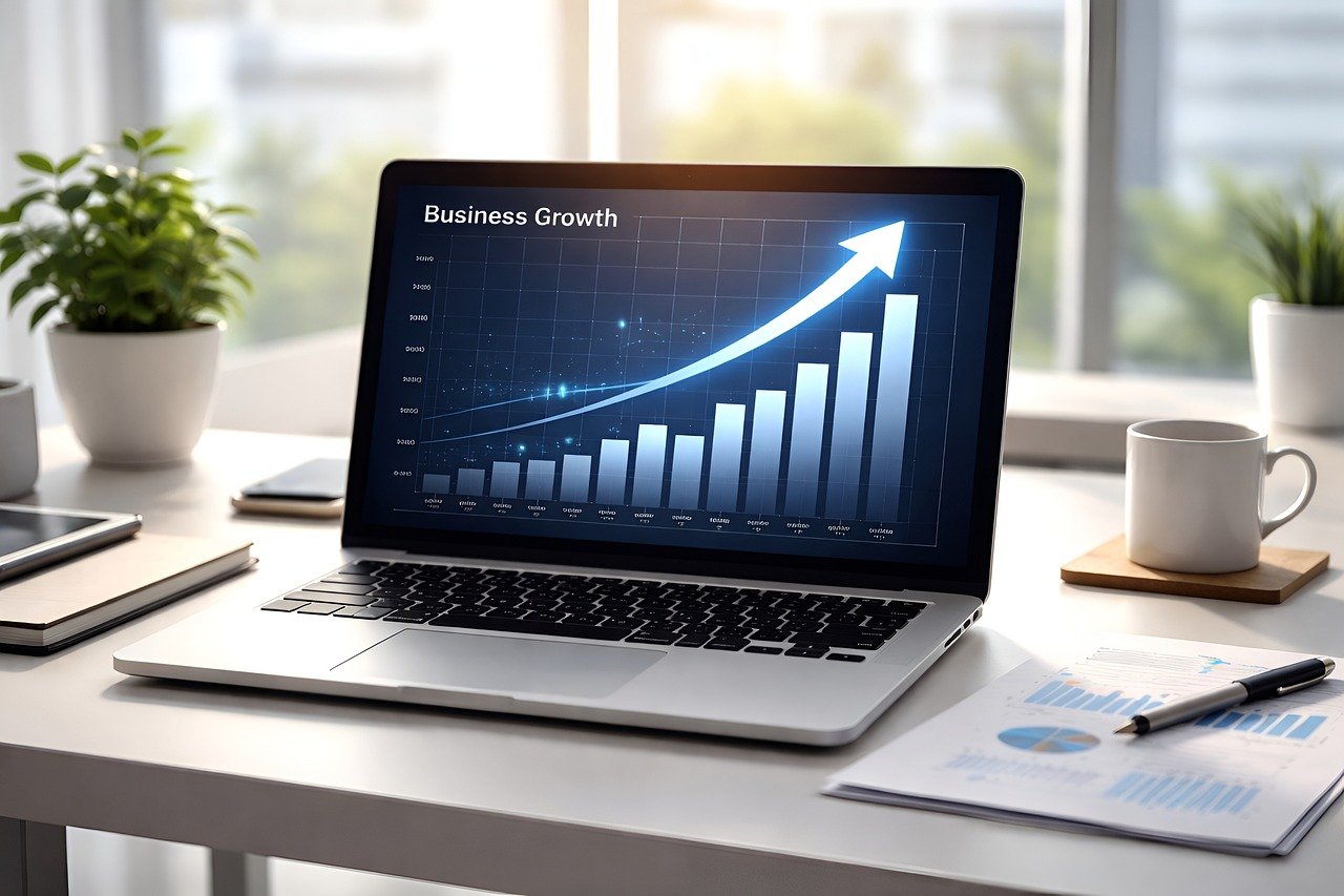 business, growth, computer, data analysis, financial growth, statistics, trend, office desk, productivity, strategy, modern workspace, success, digital screen, report, corporate, economic growth, business planning, natural light, work report